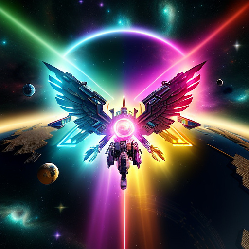 A cheerful transformer flies through space against the backdrop of planets. in angelcore style