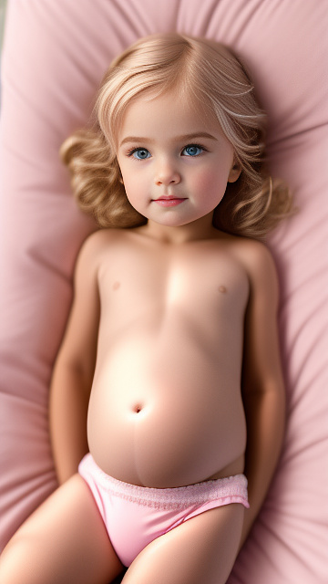 Realistic, detailed, 5-year-old blonde girl, in pink underwear, pregnant, laying in bed, top down view, blushing in custom style