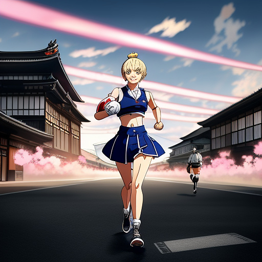 Knappe jonge stoere sterke blonde blijde vrouwelijke kickbokser met 2 langevlechtjeshaar in pinkbleusilverroodwit kickboksrok met sdmgirls ko man logo en chick do make boys in girls op sportop thaibokst in de ring tegen zure jonge korean man en geeft  jump stoot met kick en alle 10 vrouwen  in anime style