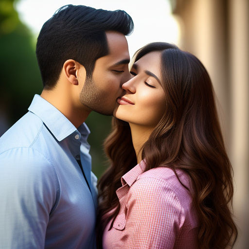 A woman in a pink shirt kissing a man. in realistic style