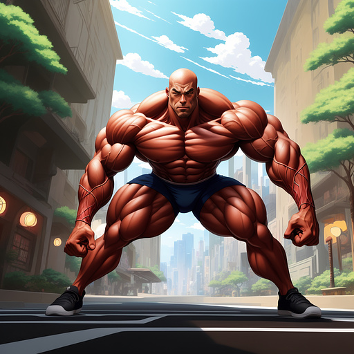 Hypermuscular man holding a barbell with massive veins on his body. his muscles are overdeveloped. his biceps are the size of basketballs. his lats are so wide he can’t put his arms down. make his veins more pronounced and his chest thicker. his body is so large his head looks tiny
 in anime style