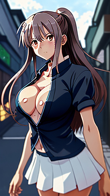 Hot anime girl, front facing, very large chest, very big breasts, tight shirt with a boob window, mini skirt, facing forward, thin face, skinny, ripped clothes, cleavage, looking forward, seductive face, facing forward, in anime style