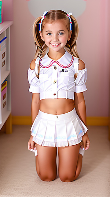 Cute white smiling blonde 5yr school girl body 5 year body very slutty mini underwear, on her knees, showing shoulders in custom style