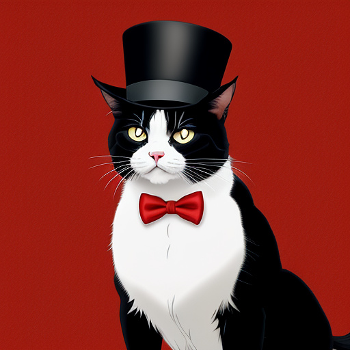 A grumpy black and white cat wearing a top hat with a red bowtie with red wings holding whiskey in anime style