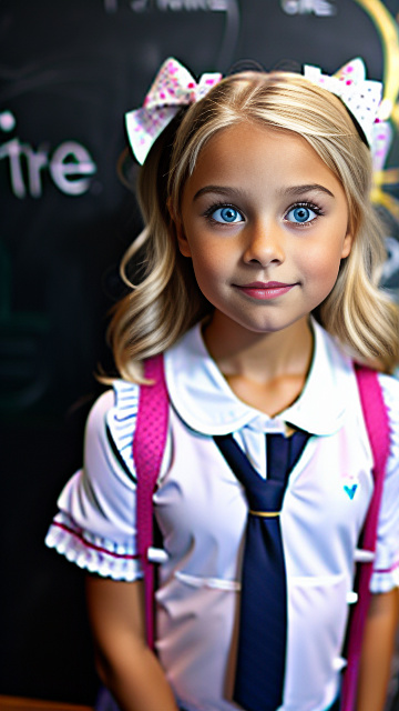 White, blonde, flirtatious expression , girl 9 years old, school outfit, in custom style