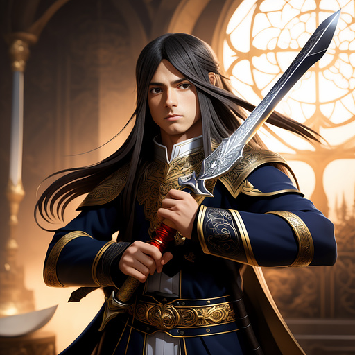 A boy with long hair holding a sword in anime style