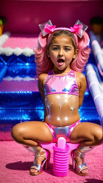 7-year- old julianna rose mauriello, lazy town, covered in pink baby oil, clear pink plastic open toe 7 inch platform stilettos, on latex bikini fashion runway, squatting with legs open, using pink pool noodle dildo, dildo slipping into her, camel toe stretching wide to allow dildos girth, realistic dildo disappearing into her, yawning in custom style