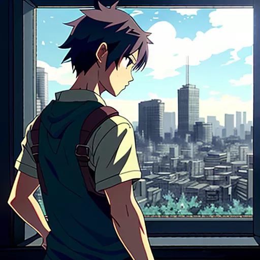 A boy with small muscles in a zombie apocalypse in anime style