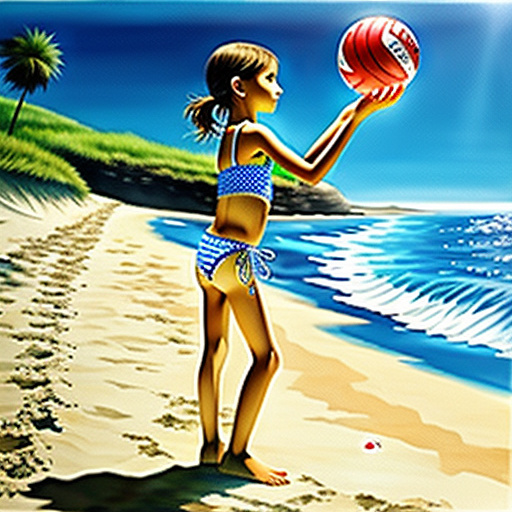 Realistic, detailed, 10-year-old  ,   bikini , very skinny, picking up beach ball in custom style