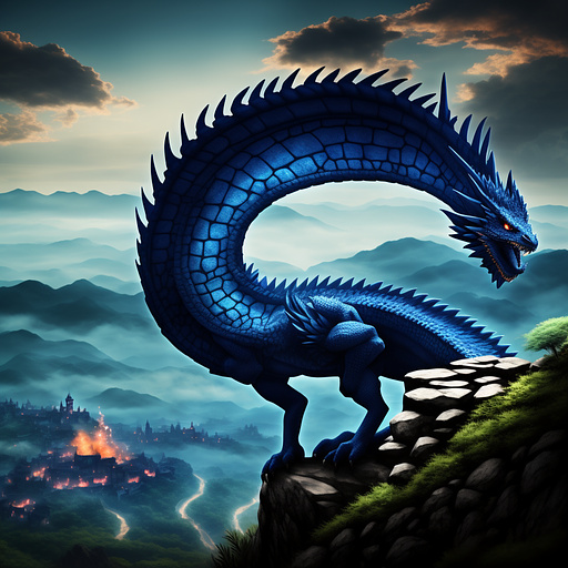 A blue scaled dragon climbing a castle on top of a mountain breathing fire on village below in anime style