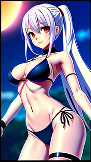 Huge breast,bikini,anime girl, red eye, white straight hair
 in anime style
