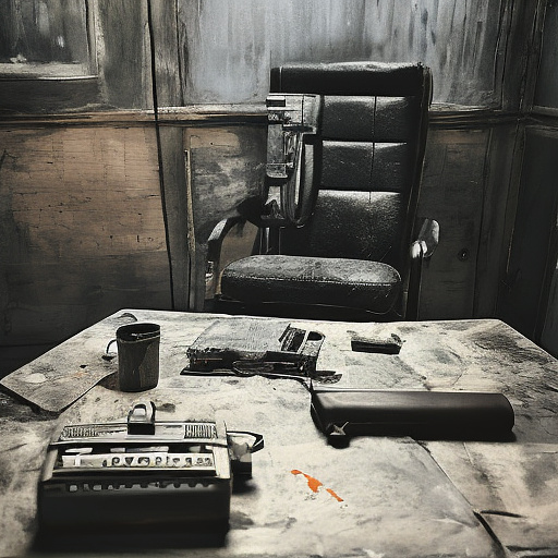 In a dark room, there is a telephone and a gun on the table. a man is sitting on a chair, and he is dead. in custom style