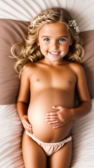 Realistic, detailed, 10-year-old blonde girl, pregnant, tan wedding outfit, showing belly, laying in bed, top down full body view, red blush, tan skin, mouth open,  in custom style
