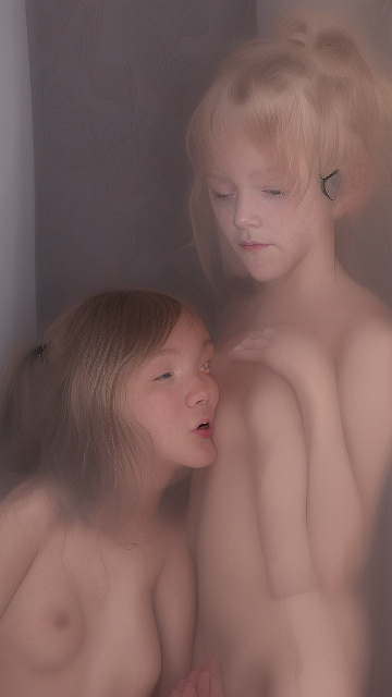 A 9-year-old naked girl is sucking another girl's breast. in custom style