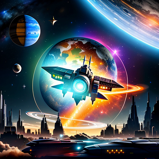 A cheerful transformer flies through space against the backdrop of planets. in sci-fi style