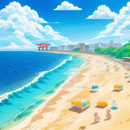 Bikini kids on beach on a beautiful sunny day with ocean waves.   in anime style