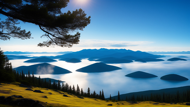 On the mountain overlooking a hazy wide lake with a distant mountain range with distant islands in custom style