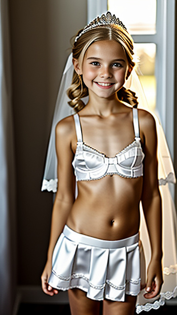 White, blonde, very cute, smiling, girl 9 years old, thin bra, nipples poking , mini skirt, bride tiara, garter belts, standing next to uncle, both shown in picture in custom style