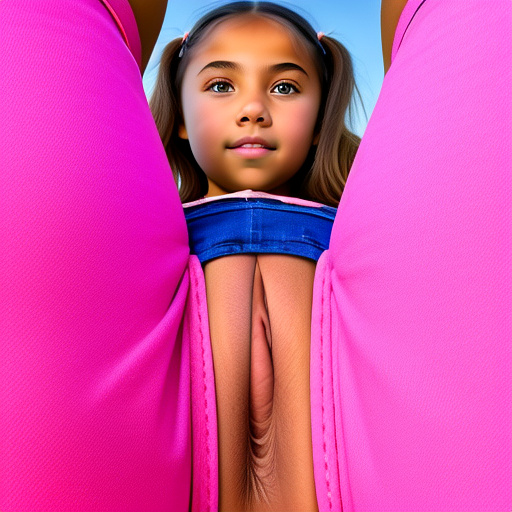 Ultra realistically a 10 year old girl in pink jeans sits open in the crotch with spreading legs her open vagina sperm drips from her vagina in detail from close in custom style