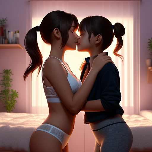 A romantic moment between a childhood couple in a cozy bedroom. the 11-year-old sexy hot girl, wearing a light, stylish bras and yoga pants, shares a gentle kiss with her 11-year-old boyfriend.  in anime style