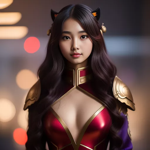 19 year old asian girl, short dark messy-wavy hair with red highlights, brown and red eyes, wearing a superhero suit colored black with purple and gold highlights/accents and ancient chinese armor with horse iconography. purple fire powers.  cute chinese face in anime style