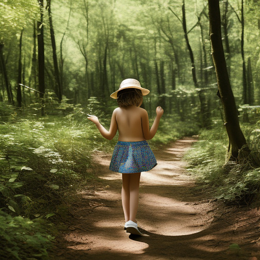 A 9-year-old girl is skipping along a forest path. she has a basket in her hands and a sun hat on her head. she's naked in custom style