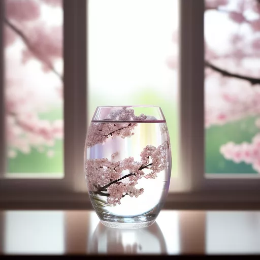 Sakura cherry blossom in a vase of water on windowsill,a turtle walks on the window in realistic style