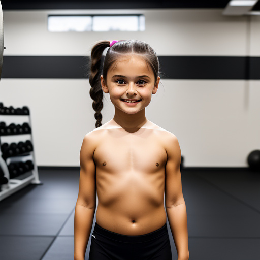 Cute caucasian white girl, 9 years old, long black hair tied into a ponytail, naked, at the gym, holding a barbell in custom style
