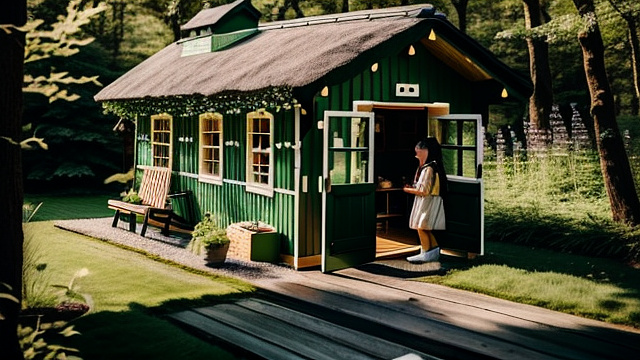 Two girls who meet each other in a very green and beautiful wooden cottage and are very happy. in custom style