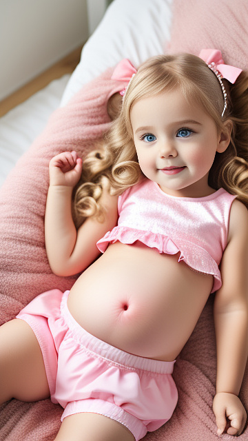 Realistic, detailed, 4-year-old blonde girl, pregnant, pink wedding outfit, showing belly, laying in bed in custom style