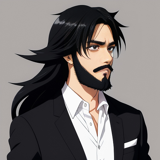 A man with medium-long black hair, a short black beard, and a black suit in anime style