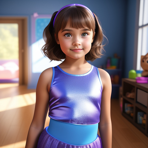 A seven year old girl, with very light brown straight short hair, dark brown eyes, and is wearing a cute light blue and purple dance outfit in disney 3d style