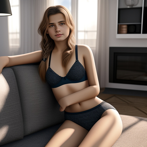 Ultra realistic a 15 year old german girl sits on the sofa in the living room in sexy underwear in custom style