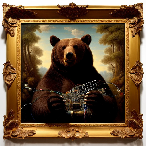  a wild bear with a lot of wires in his hands

 in rococo style