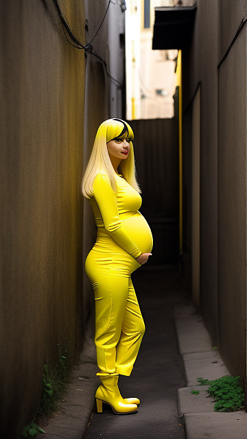 Pregnant male, pedophile, yellow jumpsuit, yellow boots, alleyway,  in custom style