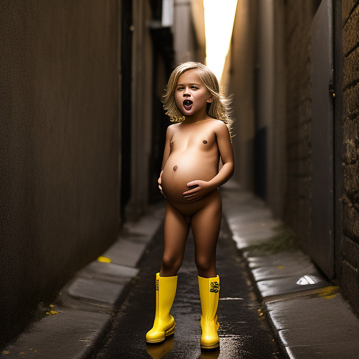 Pregnant, 7-years-old-blonde-girl, topless nude, alleyway, screaming in pain, yellow boots in custom style
