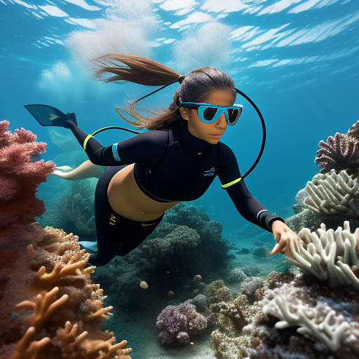 Depict an 18 year old tanned woman with light brown skin and long black hair in a ponytail. she is dressed in an ama diver's loincloth and a black oval diving mask (covering her eyes and nose). also depicted is an 18 year old tanned woman with light brown skin and short black, messy, and spiky hair. she is dressed in a long sleeved black and light blue wetsuit with a light blue diving mask covering her eyes and nose (so her nose is invisible) and she is barefoot. the two women are underwater swimming towards a large sunken cargo ship. both women have their lips closed and puckered with puffy cheeks as they hold their breath. the background is a sandy sea bed decorated with several coral formations, strands of seaweed swaying in the ocean current, and several different types of marine life swimming around. in anime style