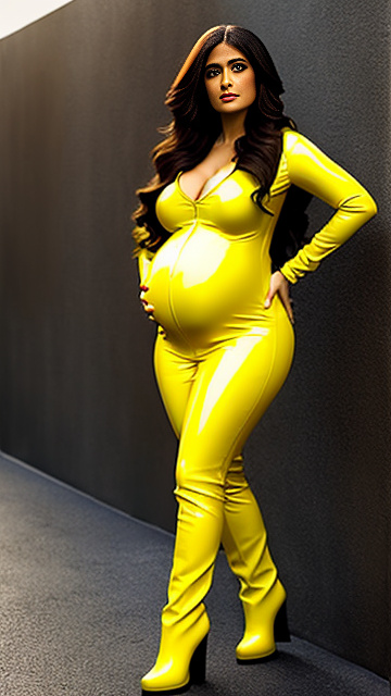 Realistic, detailed, pregnant, salma hayek, yellow latex, boots, full body, in custom style