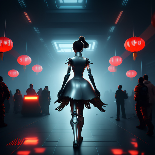 "cyborg" cinderella with brown hair in a messy ponytail in a silver ball gown with grease stains on it
robotic leg robotic hand
attending a chinese lunar festival in sci-fi style