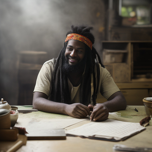 A black rastafarian is sitting on a worktable, smiling happily and smoking. the room is smoky. in custom style