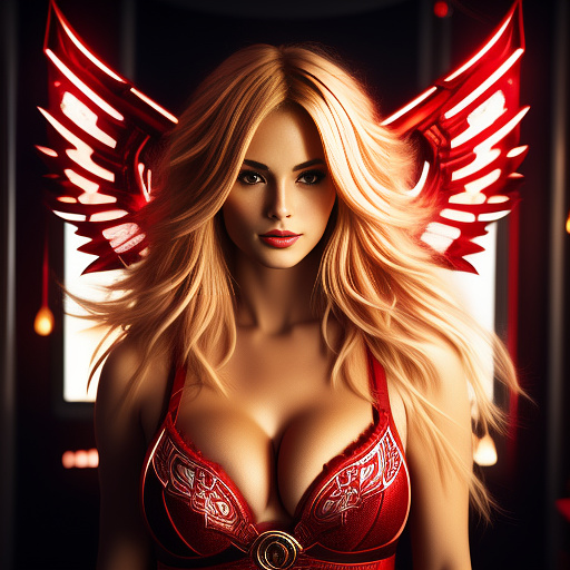 Milf with blond hair and red cerset and red short in angelcore style