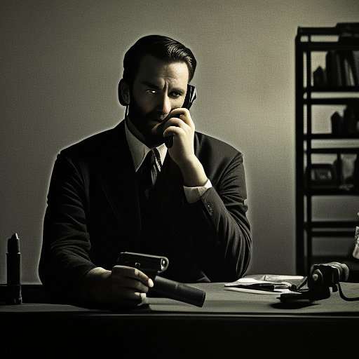 In a dark room, there is a telephone and a gun on the table. a man is sitting on a chair, and he is dead. in custom style