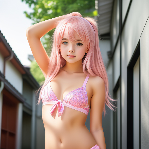 Little girl in camera, whit shorts and swim bra, curbing her body.
pink hair and her hands up fot tie the hair.
full body showed
 in anime style