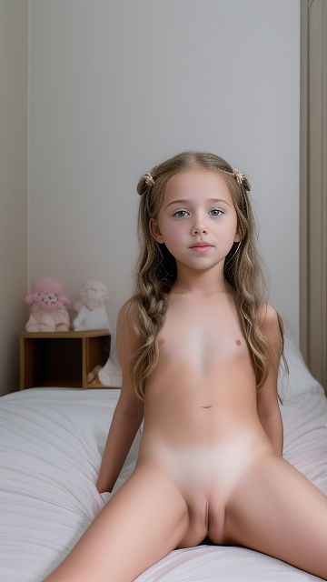 A 7-year-old girl lies naked on a bed and masturbates. in custom style