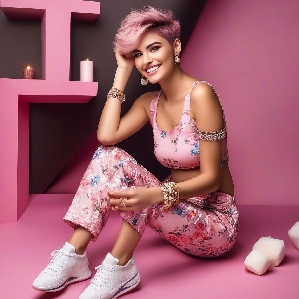 A beautiful woman with pixie style hair wearing a designer pink floralshirt  leaisure pants and sneakers  she is adorned with multiple rinestone bracelets , she is smiling and happy she is sitting on the floor drinking hot choclolate with marshmallows the lady hasa fair complexion in realistic style