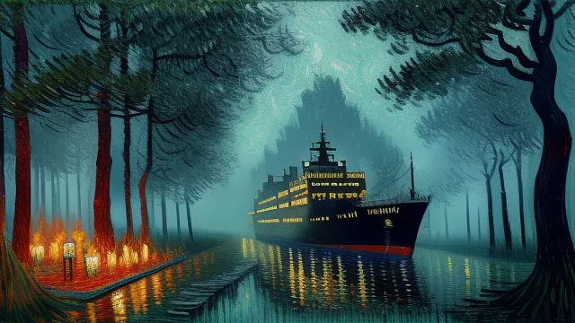 A big luxury ship sailing in dirty toxic swamp at day light in the forest illuminated by fire torches in neo impressionism style