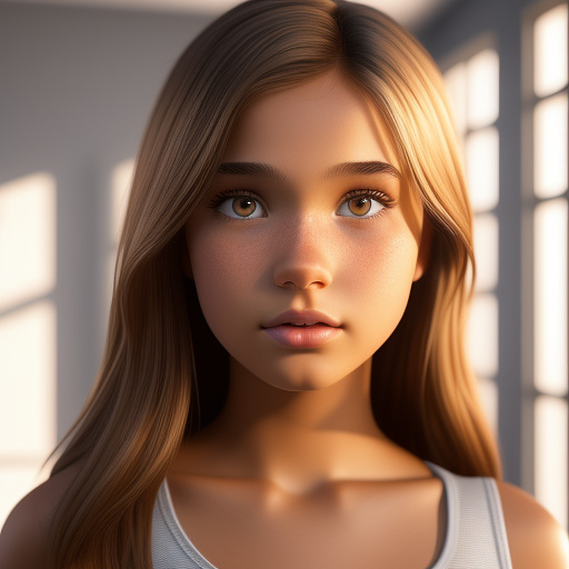 A thirteen year old girl, with short light brown straight hair and hazel eyes wearing lipgloss and wearing a white tank top in disney 3d style
