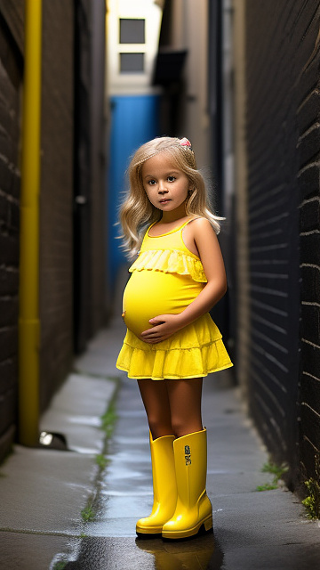 Pregnant, 7-years-old-girl, blonde, yellow boots, topless, alleyway, front view in custom style