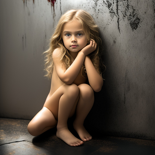 7 year old girl, blonde hair, green eyes, completely naked, crouching on floor in dark room, drawing strange symbols on wall with blood. in realistic style