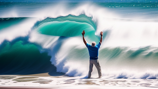 Older man lifting his hands high with a staff in his hands, ocean parting in half before him, 4k,  in custom style